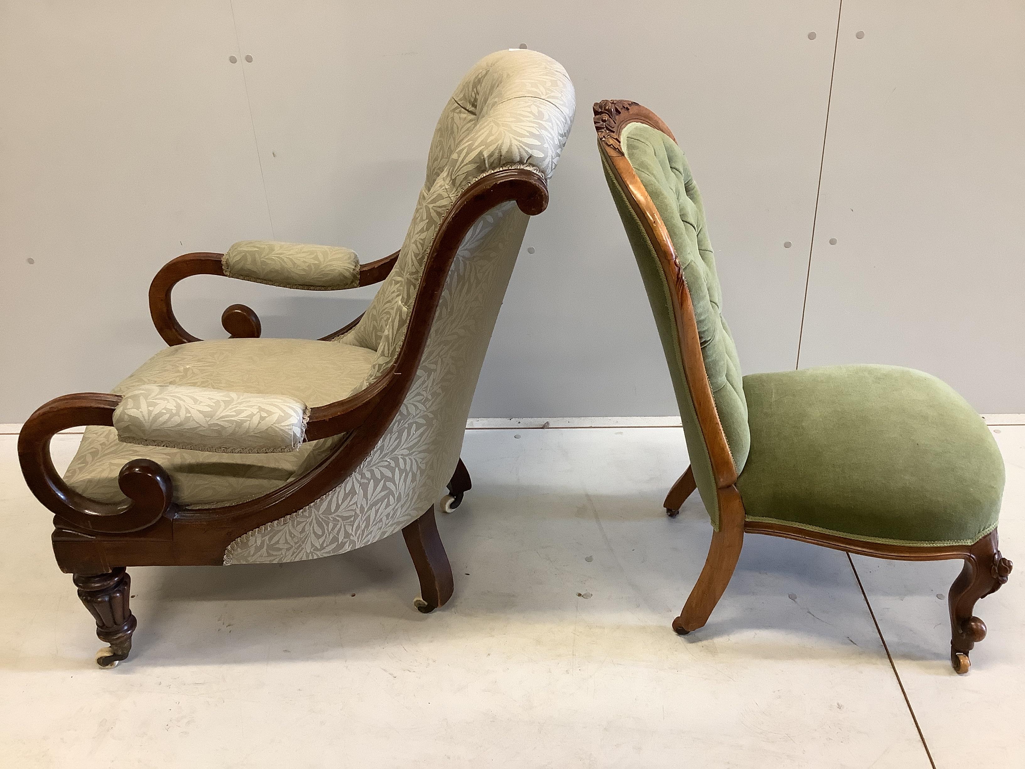 A Victorian mahogany open armchair, width 68cm, depth 88cm, height 94cm, together with a Victorian mahogany spoon back nursing chair (2)